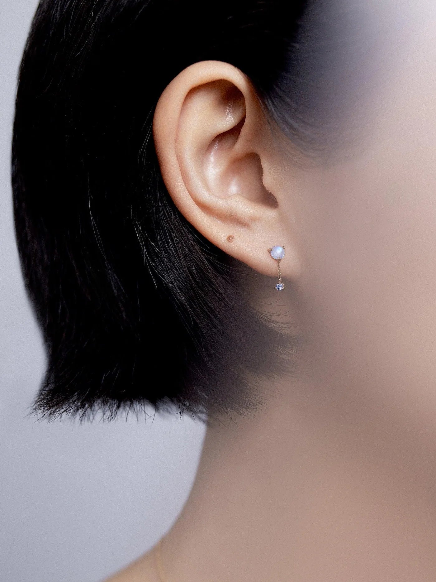 wwake / large two-step chain earring - moonstone + sapphire - single