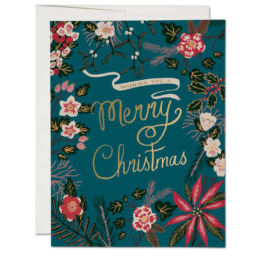 blue poinsettia christmas greeting card