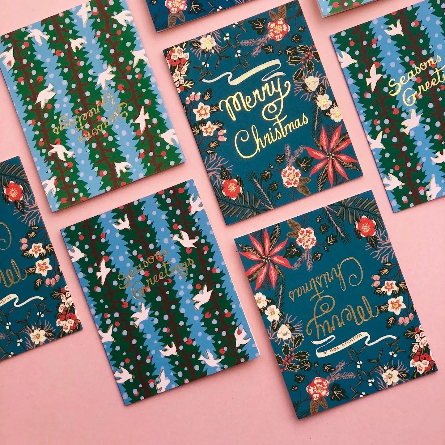 blue poinsettia christmas greeting card