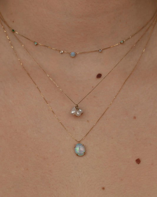 wwake / linear chain necklace - opal + diamond + sapphire + emerald