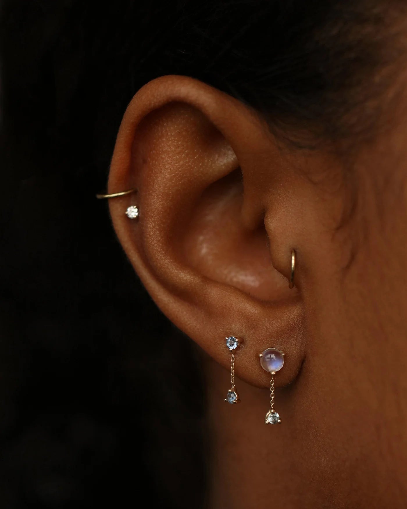 wwake / large two-step chain earring - moonstone + sapphire - single