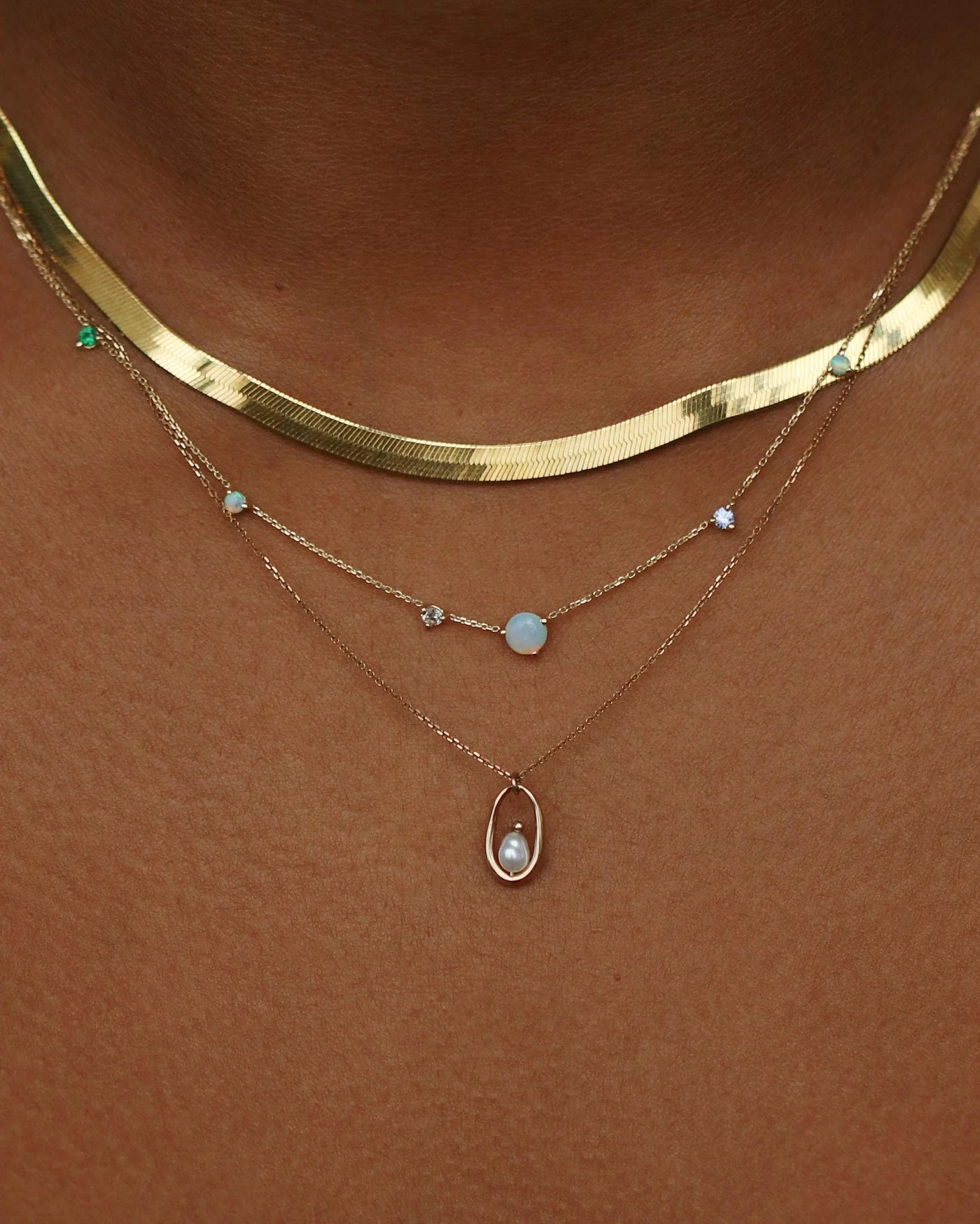 wwake / linear chain necklace - opal + diamond + sapphire + emerald