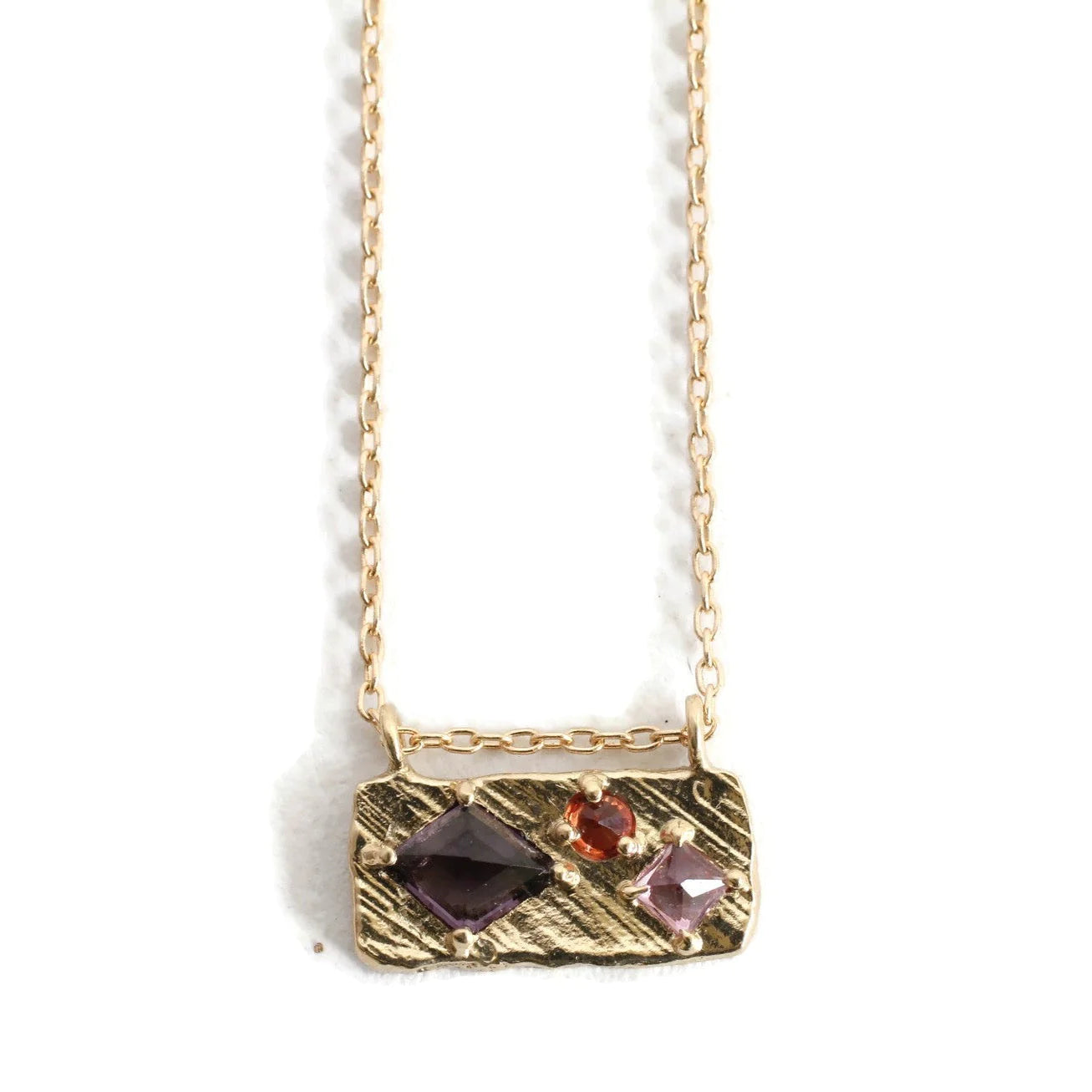 small collage necklace - orange sapphire + pink sapphire + spinel