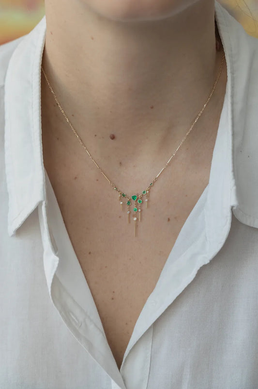 triangle & dangling emerald with diamonds necklace