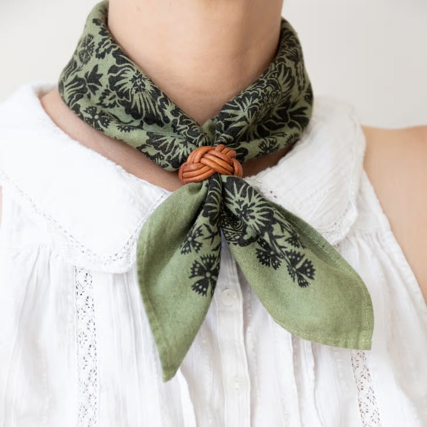 natural dye raw silk bandana - grass green blossom