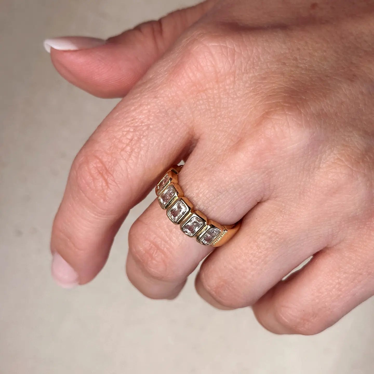 bezel baguette wide band ring