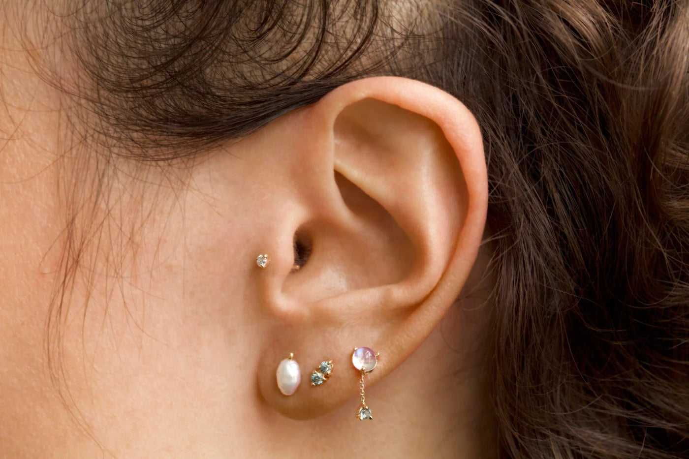 wwake / large two-step chain earrings - moonstone + sapphire