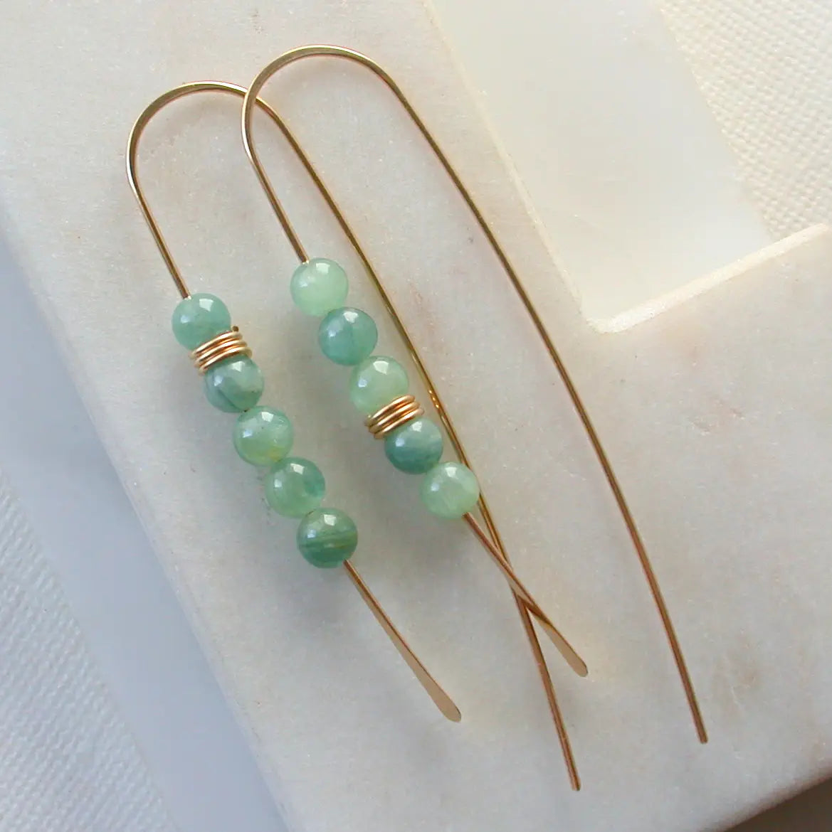 long curving earrings - moss aquamarine