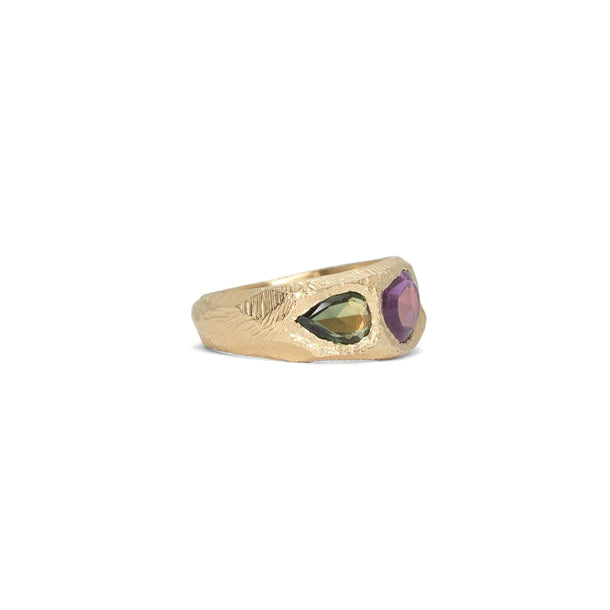 three stone ring band - dark pink & green sapphire