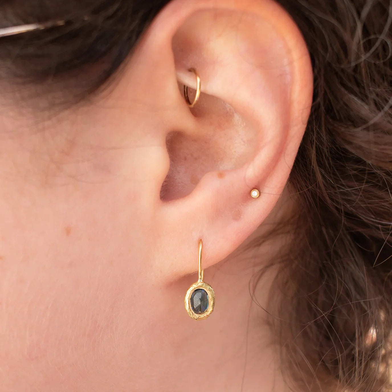 oval fixed hook earrings - teal blue sapphire