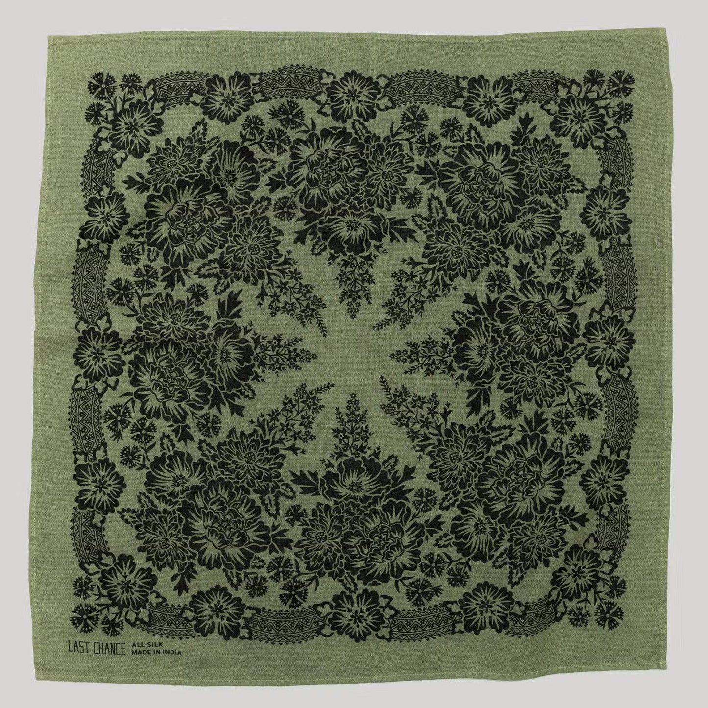natural dye raw silk bandana - grass green blossom