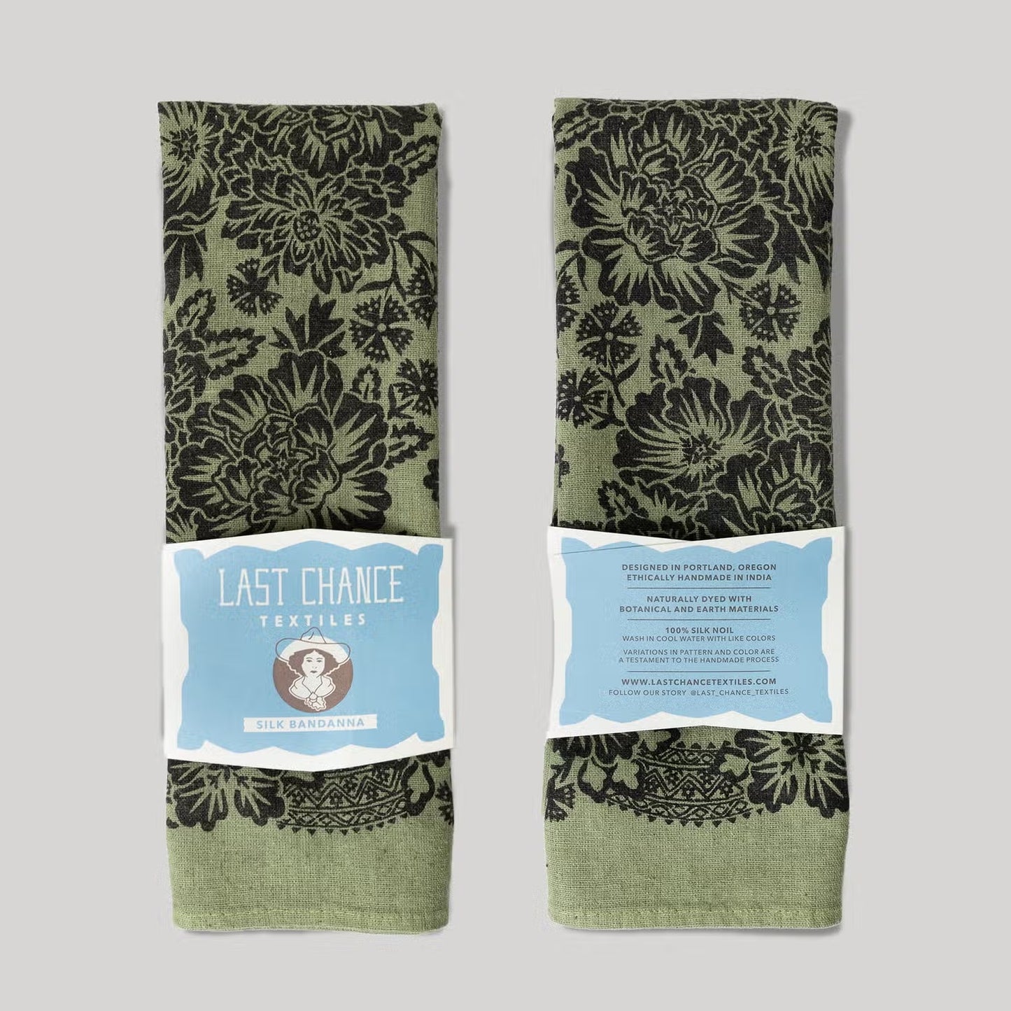 natural dye raw silk bandana - grass green blossom