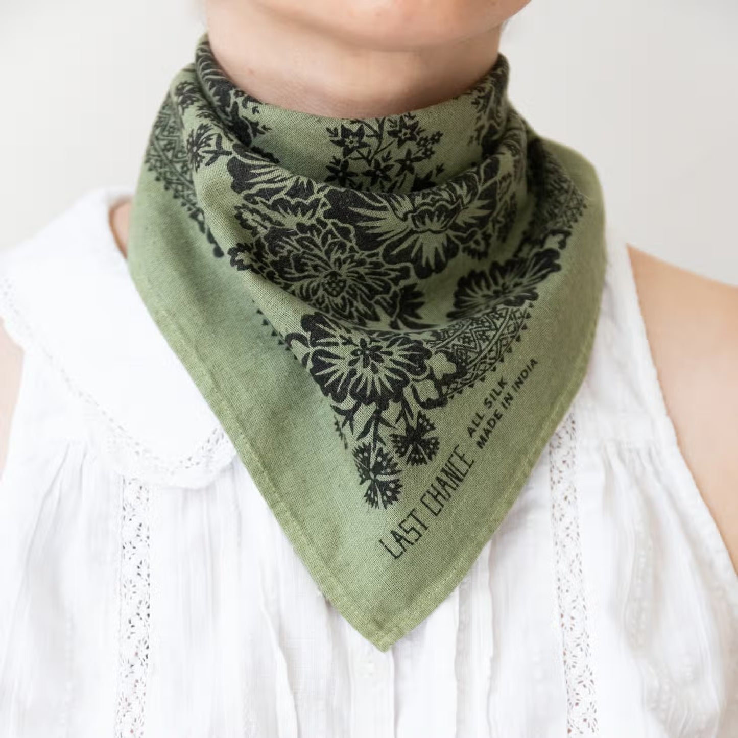 natural dye raw silk bandana - grass green blossom