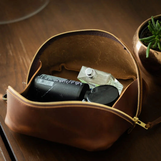 leather flat-lay toiletry bag