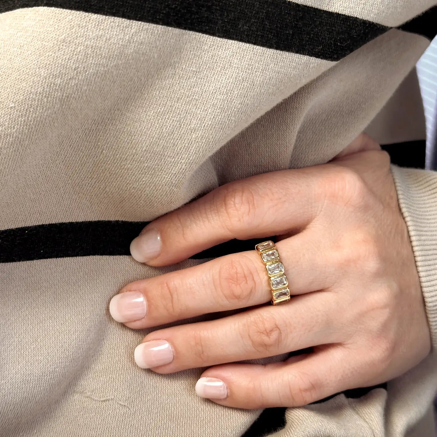 bezel baguette wide band ring