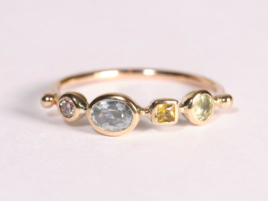 simple ring band - diamond + sapphire + sapphire + chrysoberyl