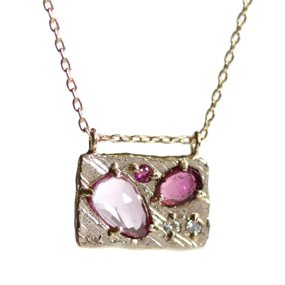 medium collage necklace  - diamond + pink sapphire + pink tourmaline + ruby