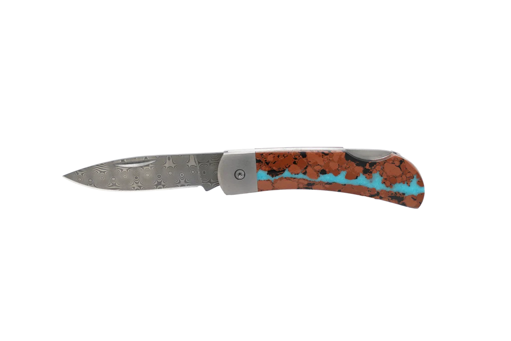santa fe stoneworks / vein turquoise titanium damascus lockback knife - 3"