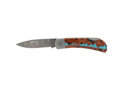 santa fe stoneworks / vein turquoise titanium damascus lockback knife - 3"