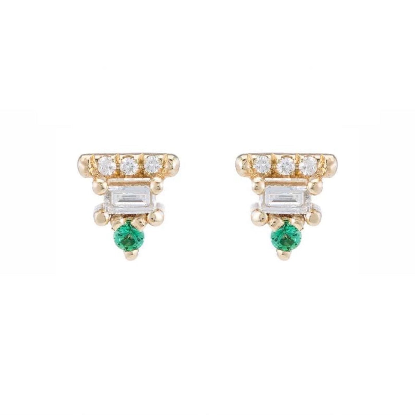 baguette bar stud earrings - natural emerald + diamond