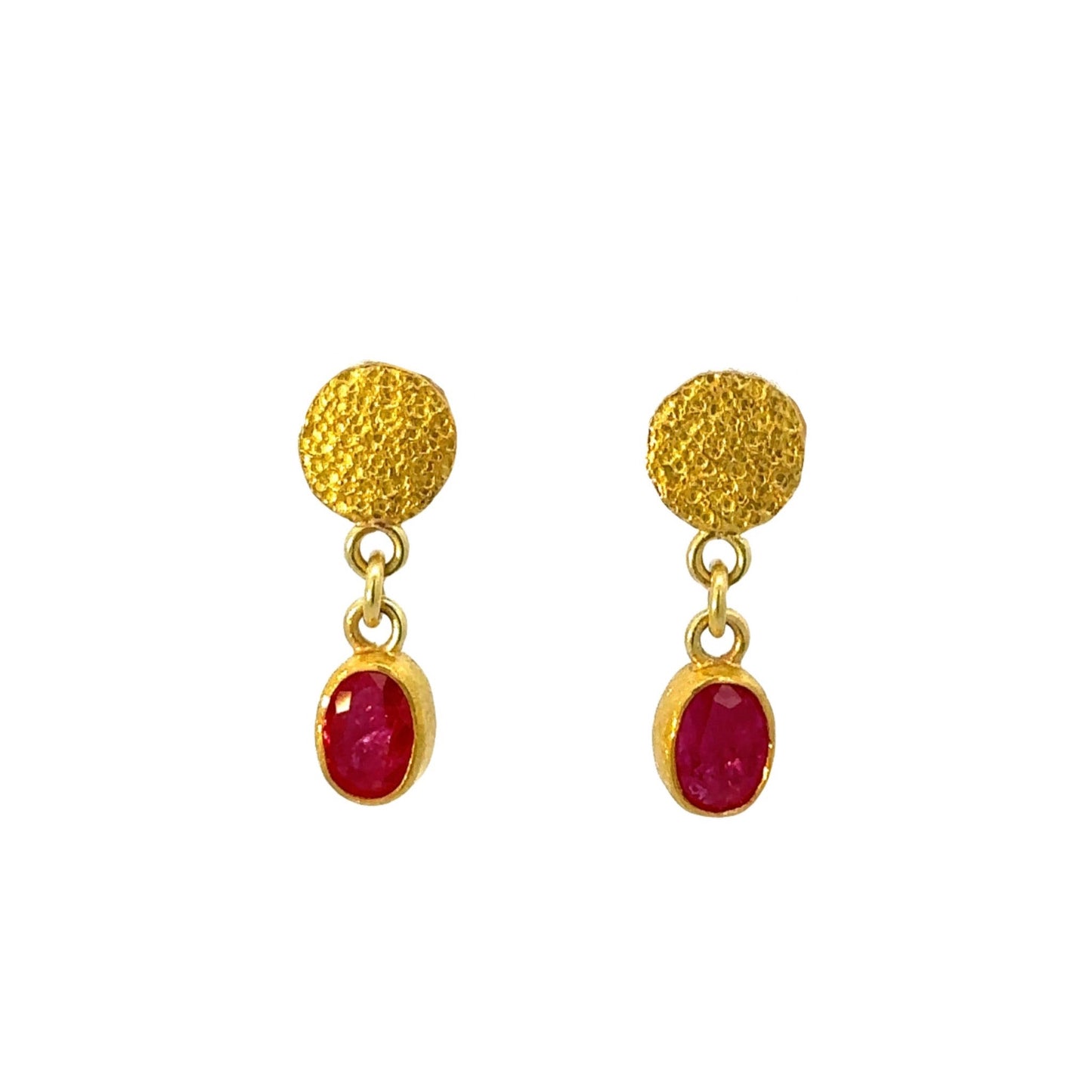 faceted pink sapphire oval + disc drop earrings