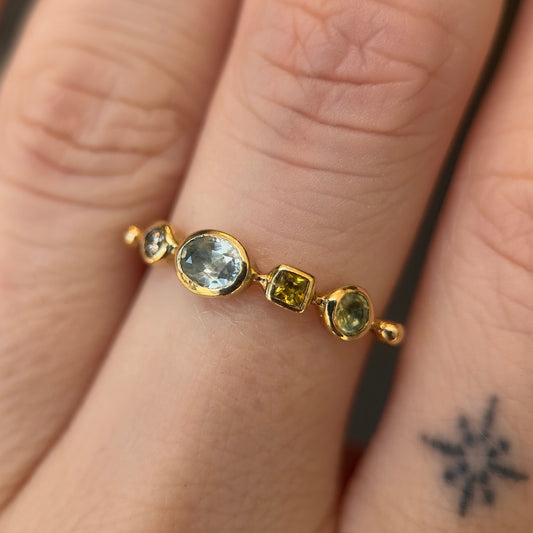 simple ring band - diamond + sapphire + sapphire + chrysoberyl