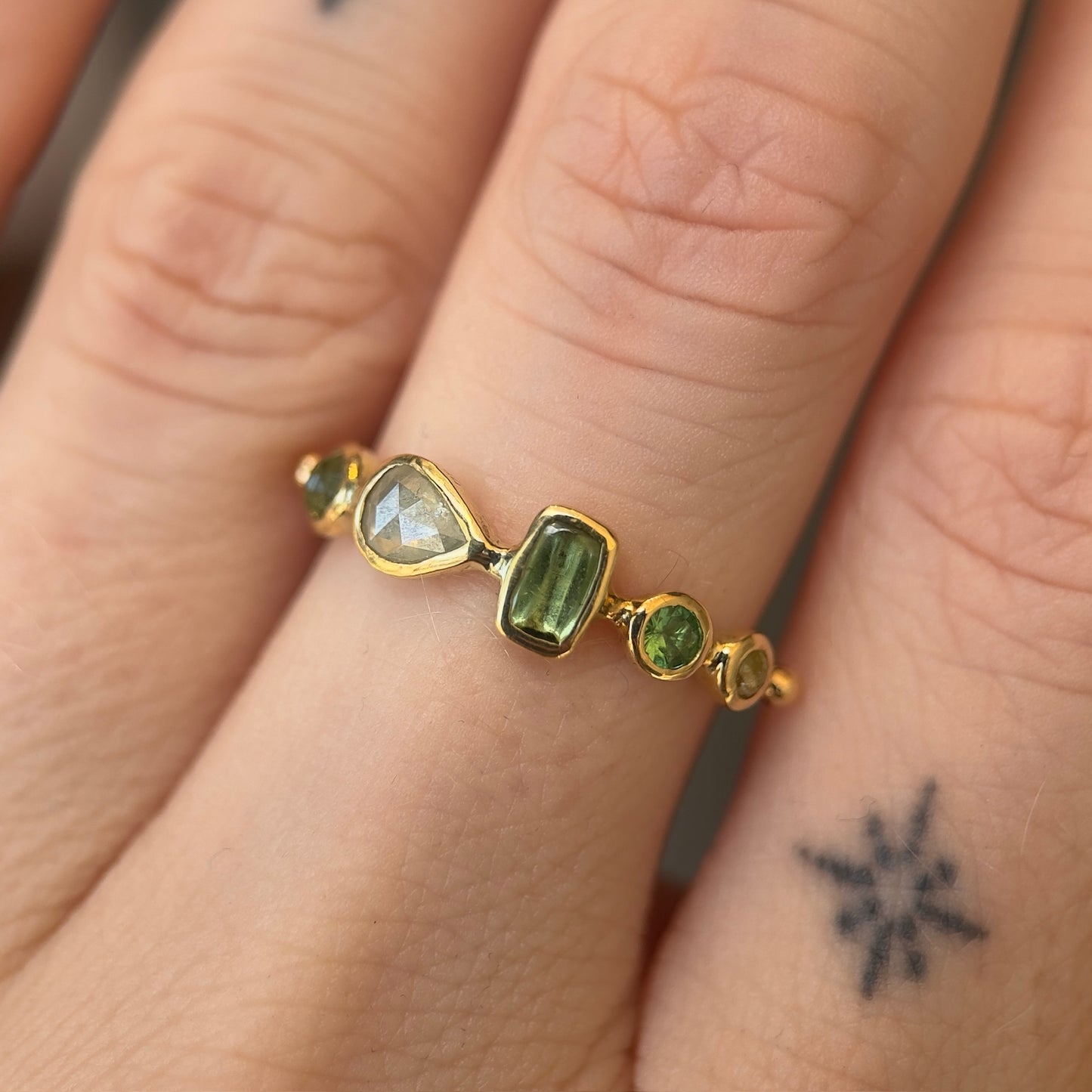 simple ring band - chrysoberyl + diamond + tourmaline + tsavorite garnet + diamond