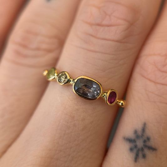 simple ring band - chrysoberyl + diamond + sapphire + garnet