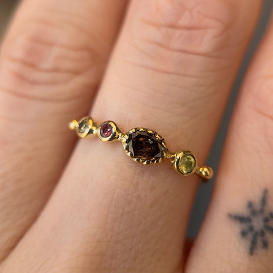 simple ring band - chrysoberyl + diamond + sapphire + diamond