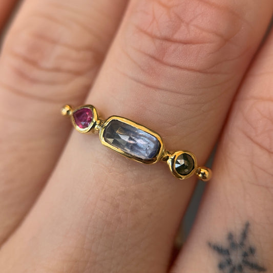 simple ring band - pink spinel + tanzanite + diamond