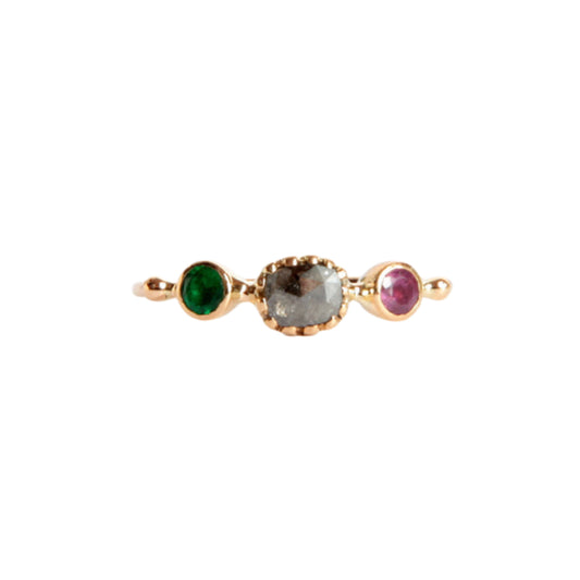 simple ring band - emerald + diamond + spinel