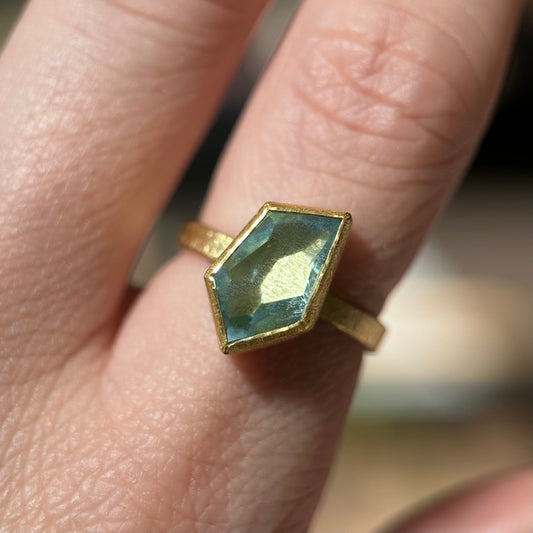 faceted aquamarine polygon ring