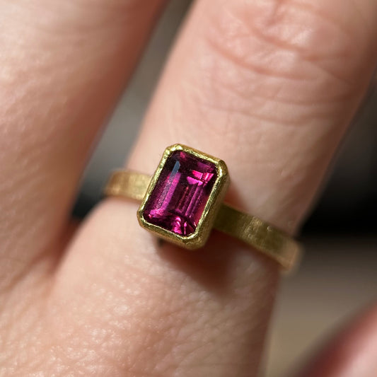 faceted deep pink tourmaline rectangle ring