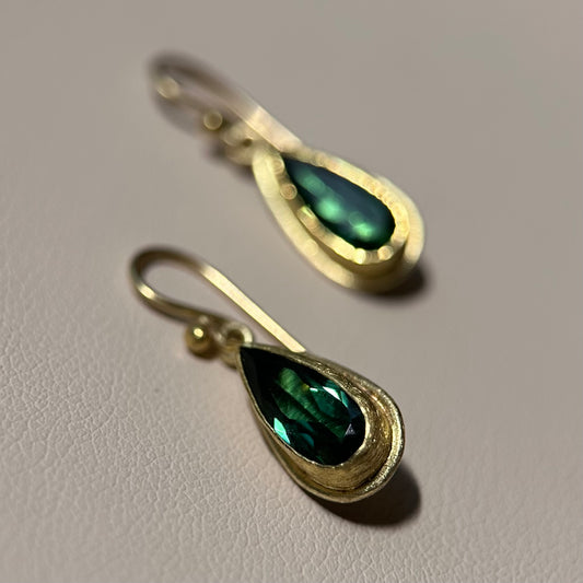 faceted green tourmaline teardrop framed dangle earrings