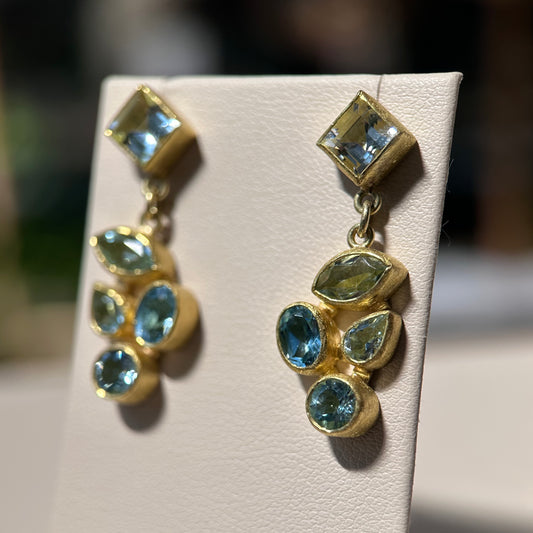 faceted multi-aquamarine mosaic drop stud earrings