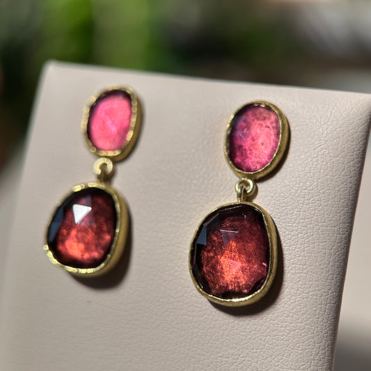 rose-cut magenta tourmaline double drop stud earrings