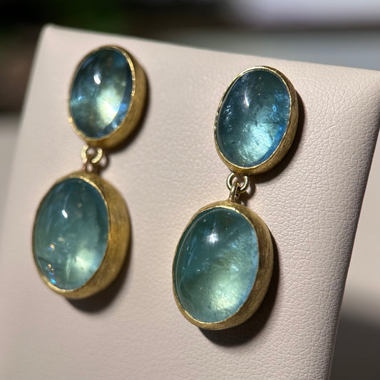 aquamarine cabochon double oval drop stud earrings