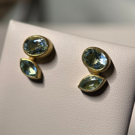 faceted aquamarine oval + marquise stud earrings