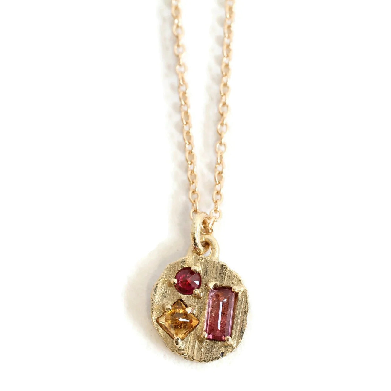 small round collage necklace - orange sapphire + pink tourmaline + ruby