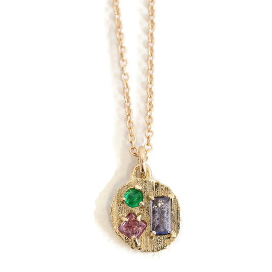 small round collage necklace - emerald + pink sapphire + tanzanite