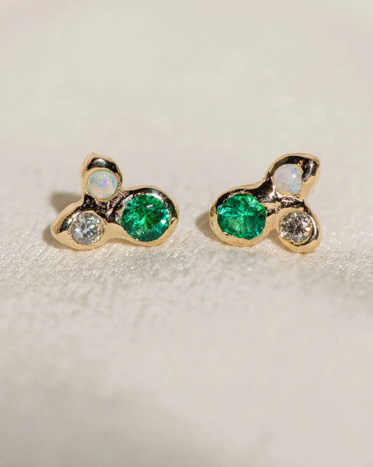 valentina stud earrings - emerald + opal + diamond