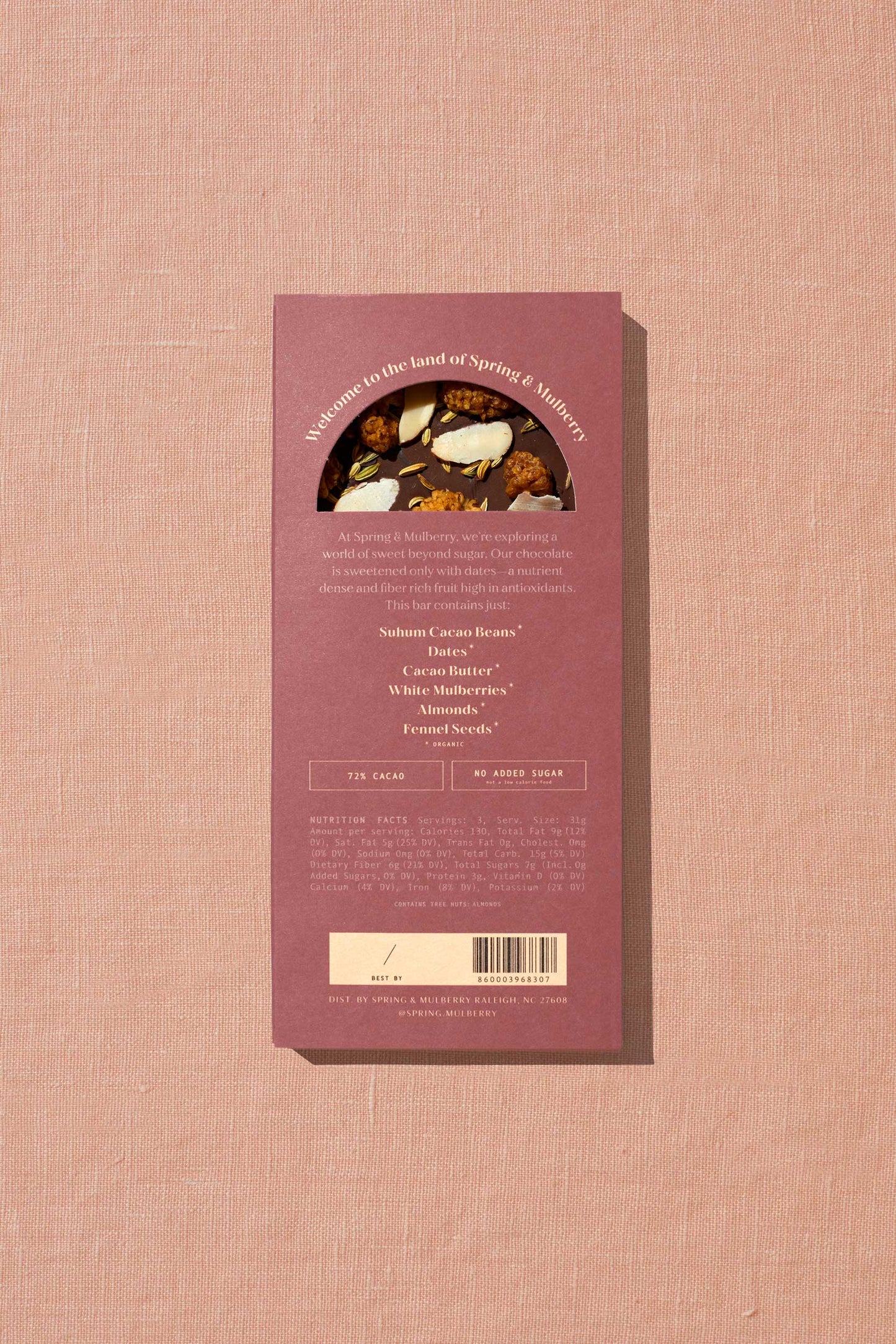 spring & mulberry / date-sweetened chocolate - white mulberry, almond, fennel