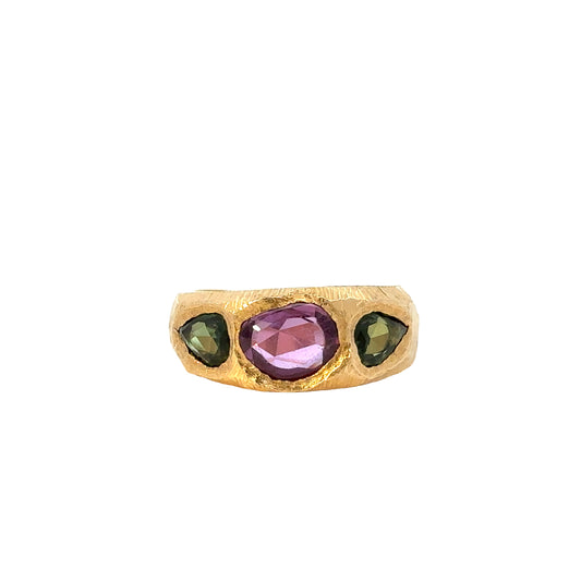three stone ring band - dark pink & green sapphire