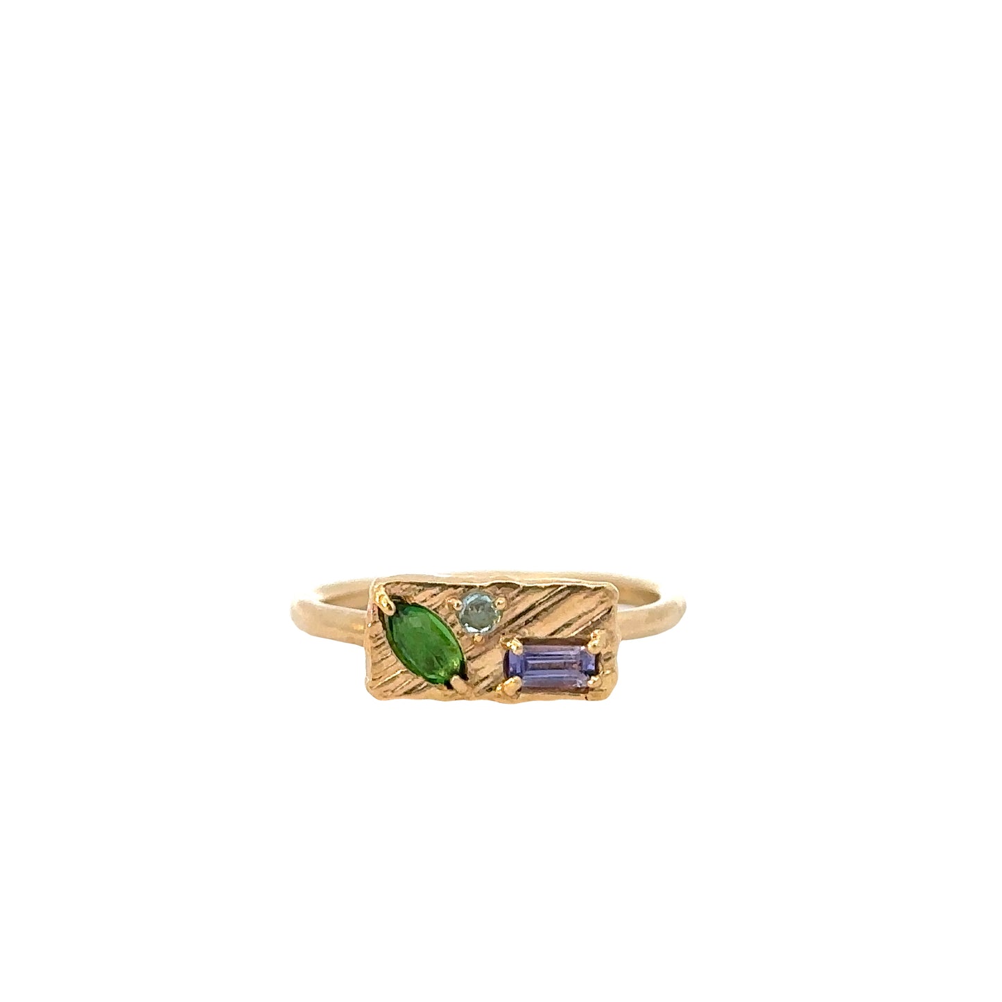 small collage ring - blue topaz + tanzanite + tsavorite garnet