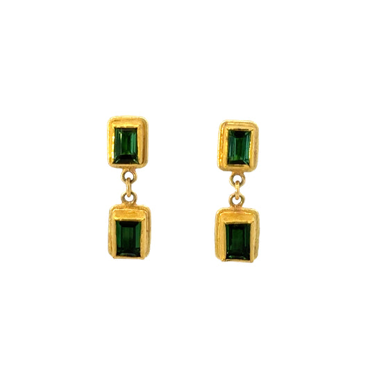 faceted green tourmaline rectangle framed drop stud earrings
