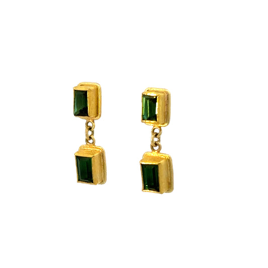 faceted green tourmaline rectangle framed drop stud earrings