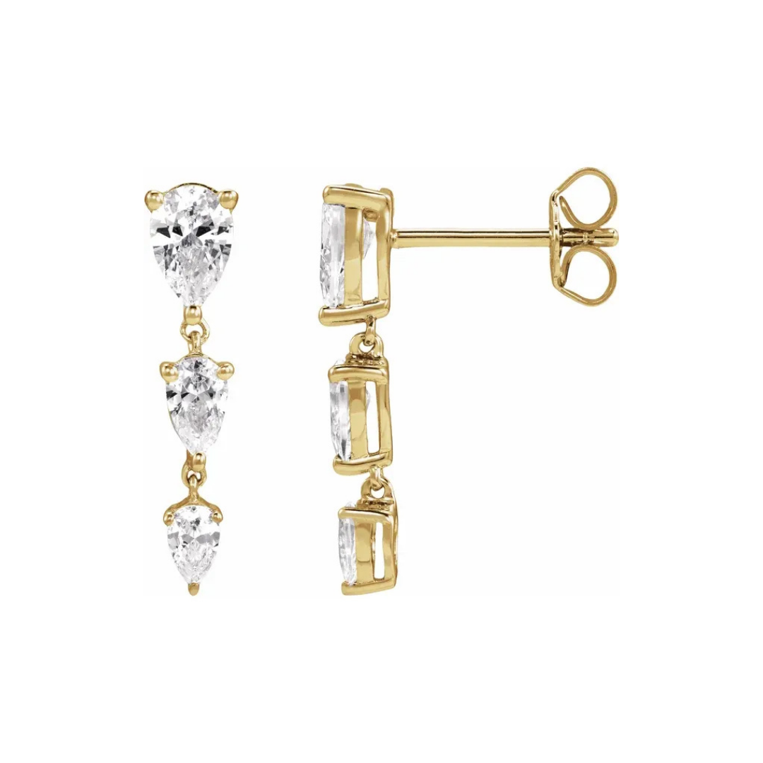 pear three-stone drop earrings - grown diamond