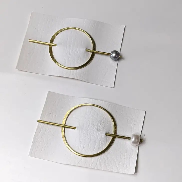 oval brass hair slide + pearl stick