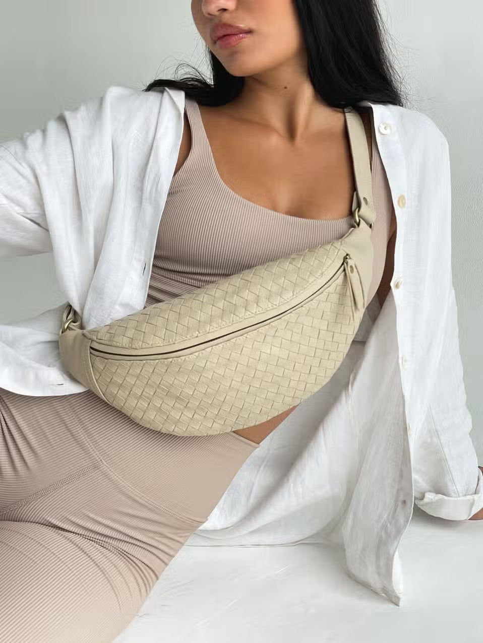 woven atlas fanny pack - bone