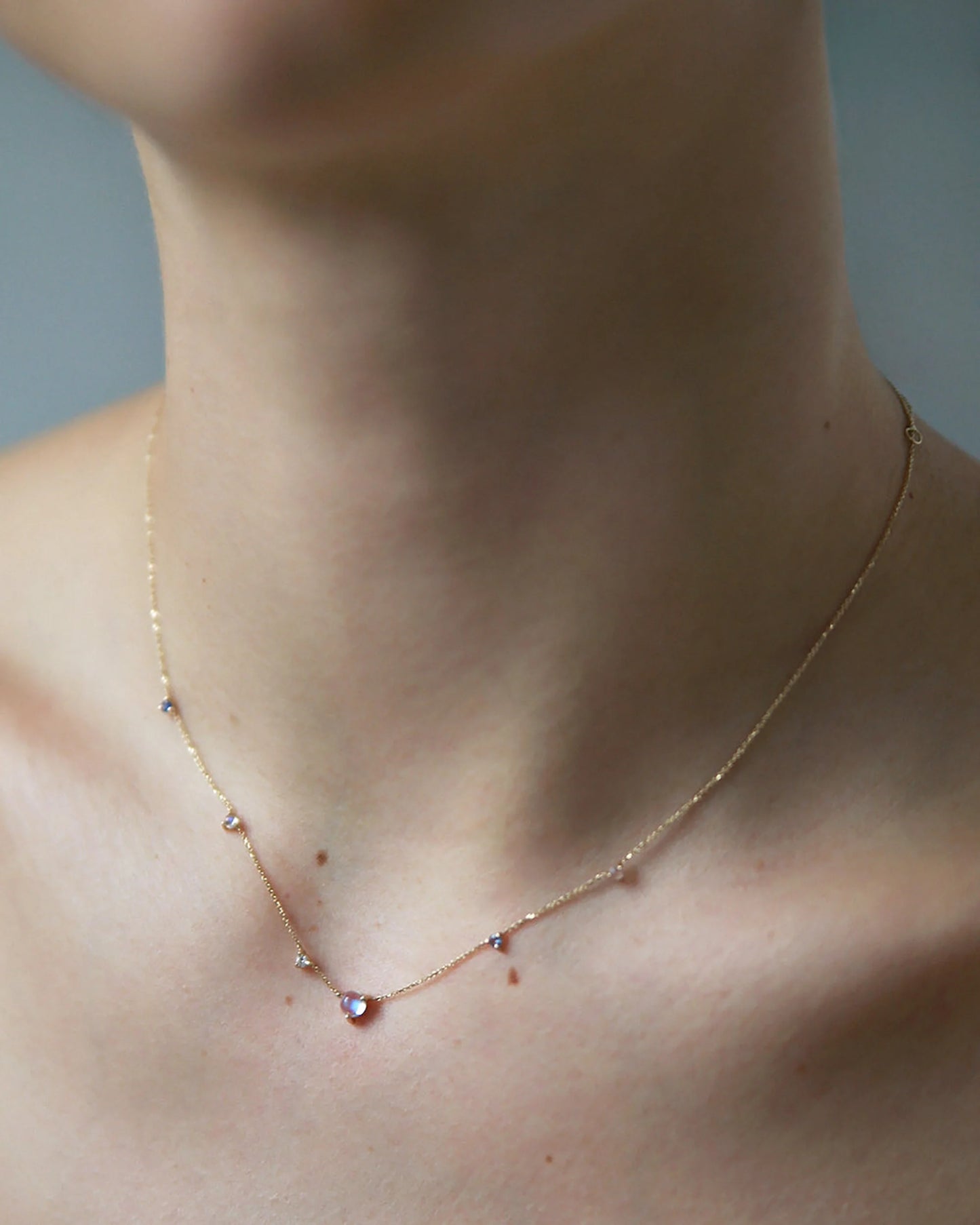 wwake / linear chain necklace - moonstone + diamond + sapphire